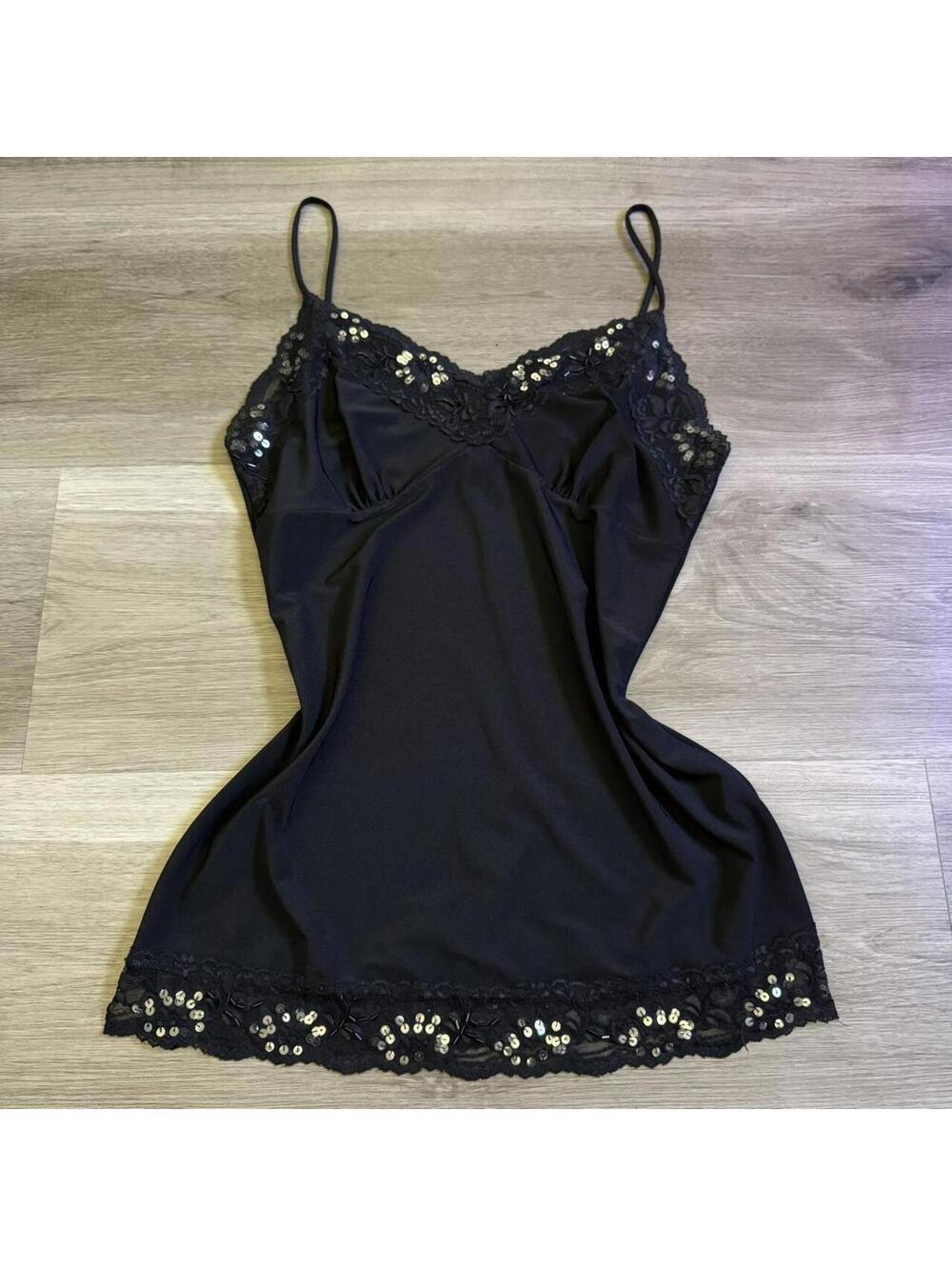 ੈ✩‧₊˚y2k black lace sequin and beaded cami